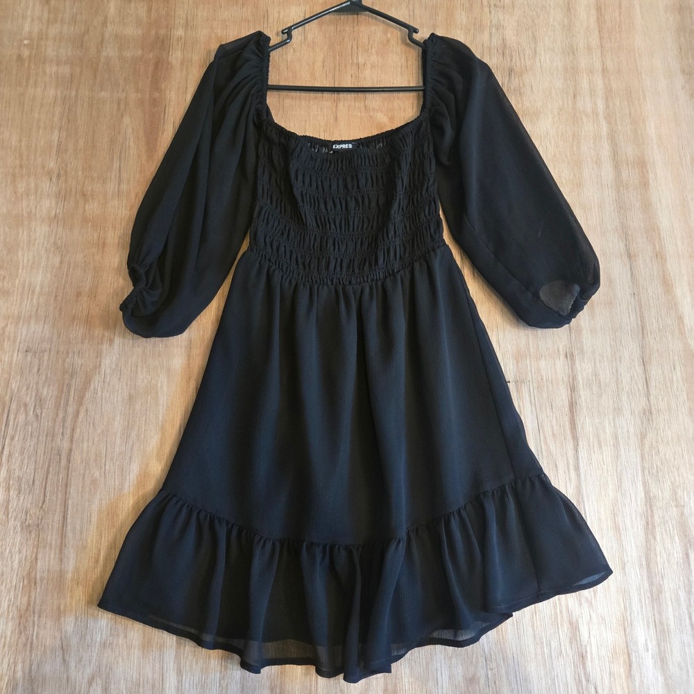 Whimsigoth Dark Fairycore Etheral Smocked Puff Sleeve Mini Dress Square Neck XS